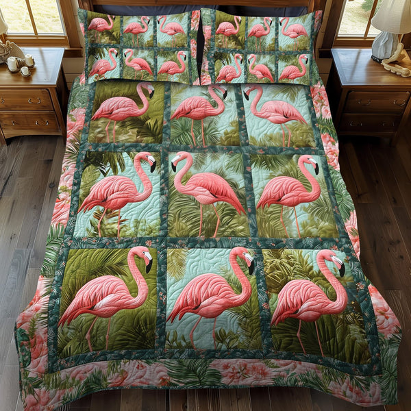 Sweet Flamingo quilted 3-piece bedding set on a made bed with two matching pillow shams