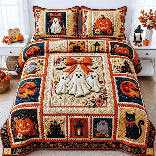 Sweet Ghost Night quilted 3-piece bedding set on a made bed against a dark styled interior