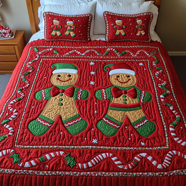 Sweet Ginger Village quilted 3-piece bedding set on a made bed with two matching pillow shams