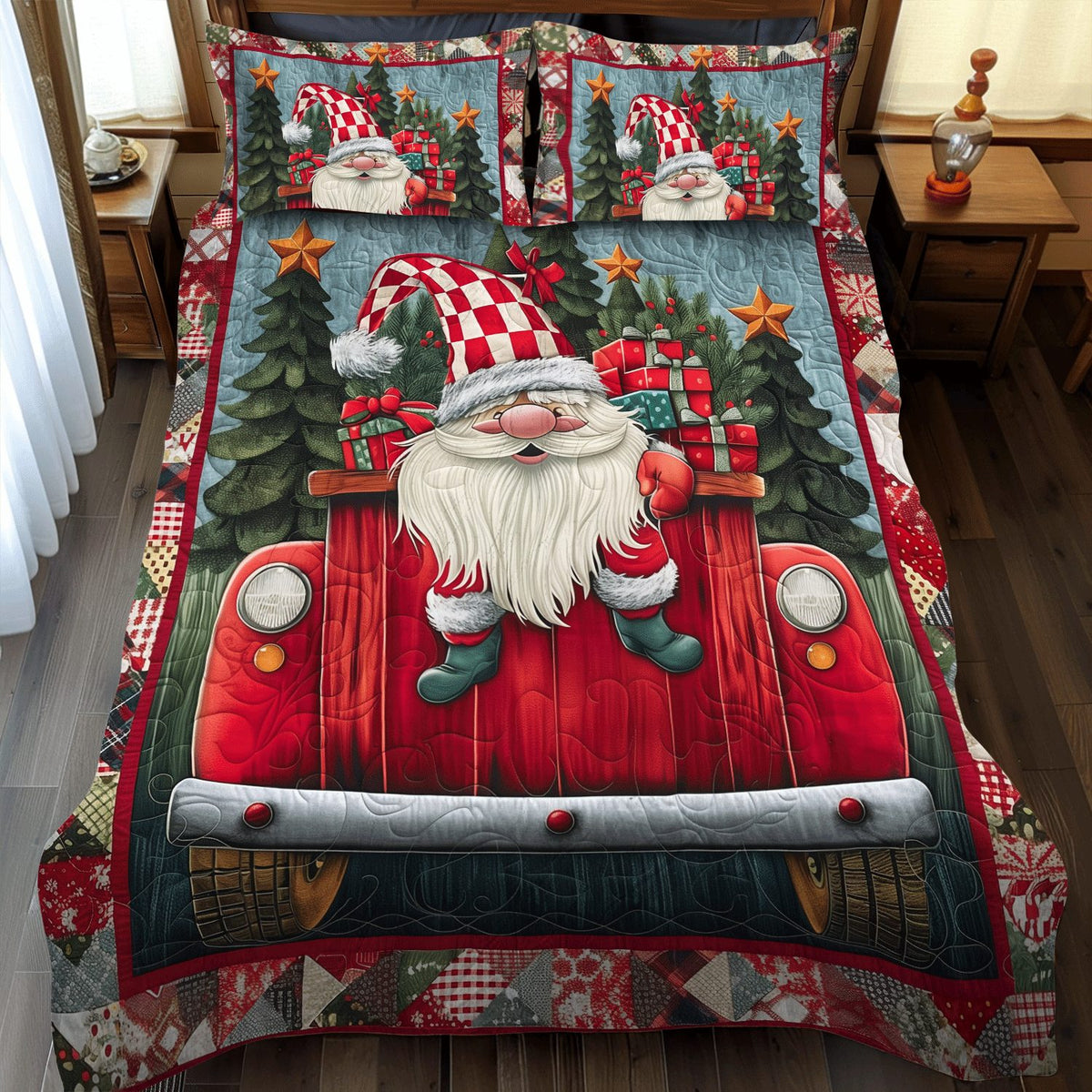 Sweet Gnome quilted 3-piece bedding set on a made bed in a winter-styled bedroom