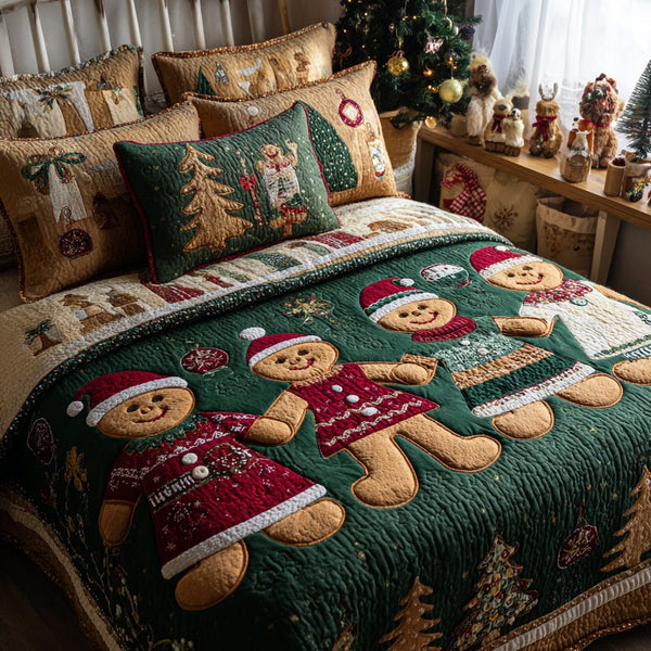 Sweet Holiday Magic quilted 3-piece bedding set on a made bed in a winter-styled bedroom