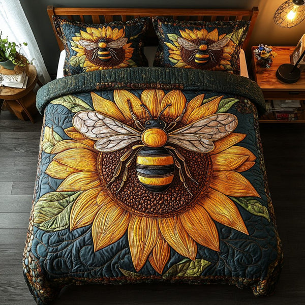Sweet Honey Charm quilted 3-piece bedding set on a made bed with two matching pillow shams