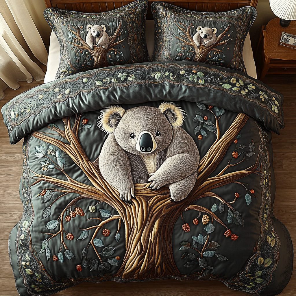 Sweet Koala Haven quilted 3-piece bedding set on a made bed with two matching pillow shams