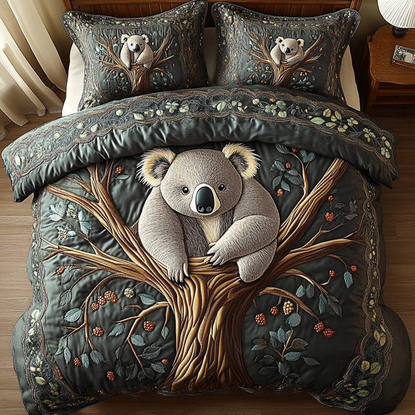 Sweet Koala Haven quilted 3-piece bedding set on a made bed with two matching pillow shams