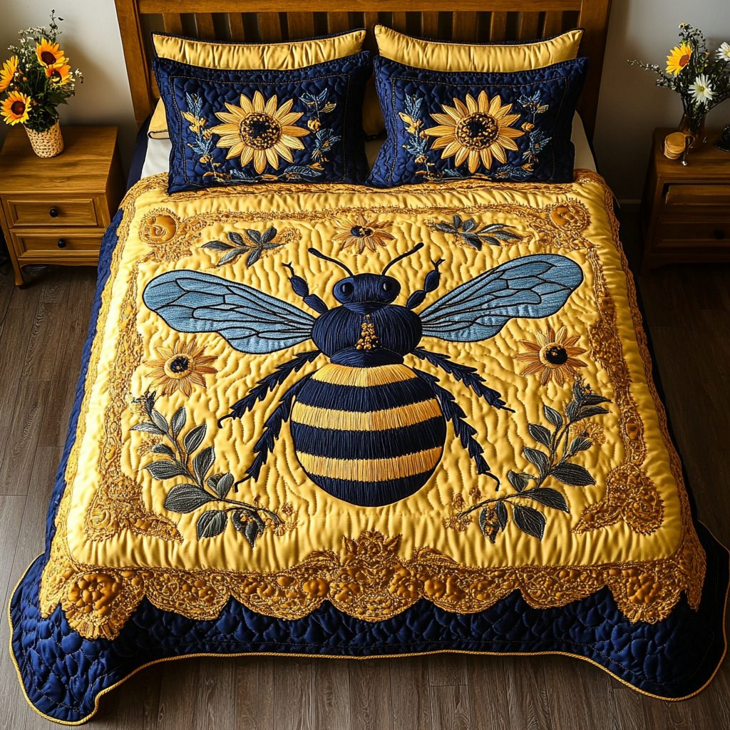 Sweet Nectar quilted 3-piece bedding set on a made bed with two matching pillow shams