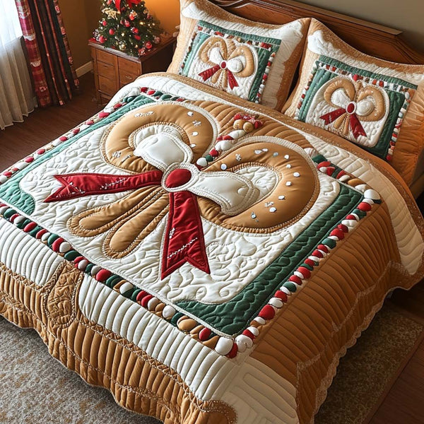 Sweet Noel Bow quilted 3-piece bedding set on a made bed in a winter-styled bedroom