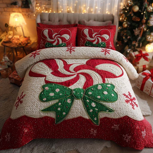 Sweet Noel Bow quilted 3-piece bedding set on a made bed in a winter-styled bedroom