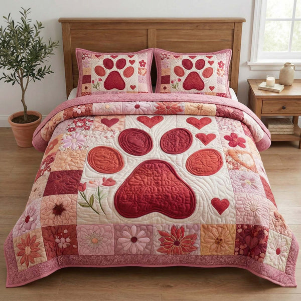 Sweet Paws quilted 3-piece bedding set on a made bed with two matching pillow shams