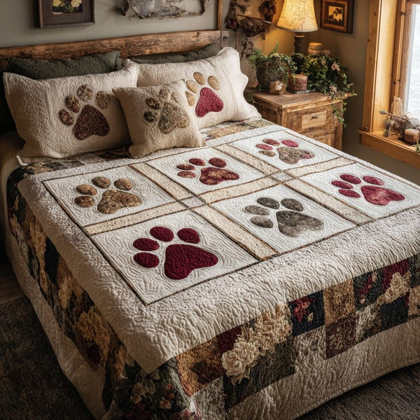 Sweet Paws quilted 3-piece bedding set on a made bed with two matching pillow shams