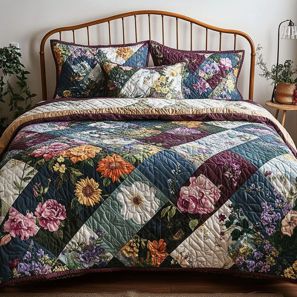 Sweet Petals Patchwork quilted 3-piece bedding set on a made bed in a farmhouse bedroom