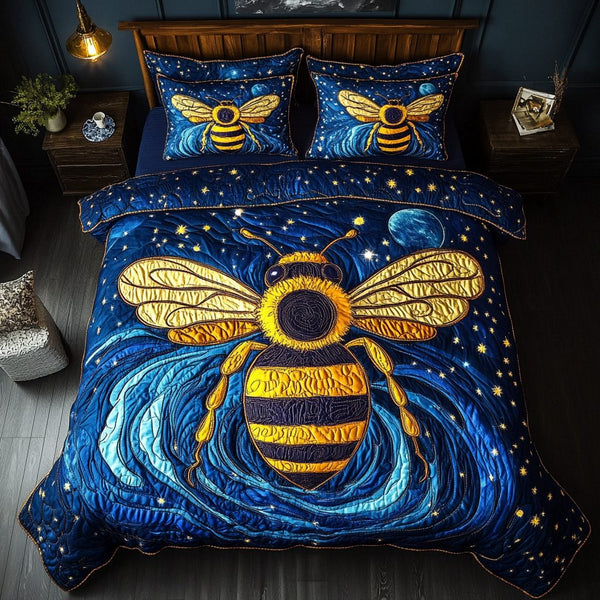 Sweet Pollen quilted 3-piece bedding set on a made bed with two matching pillow shams