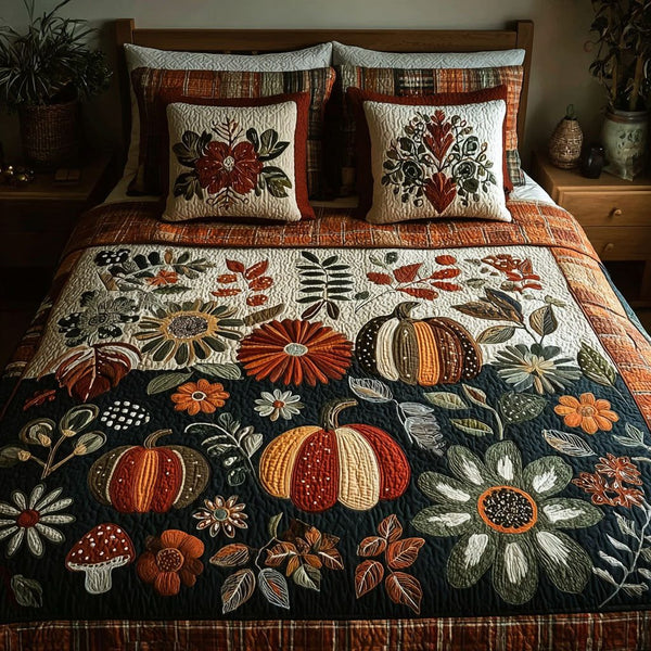 Sweet Pumpkin Breeze quilted 3-piece bedding set on a made bed against a dark styled interior