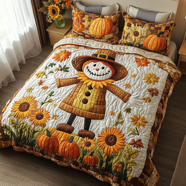 Sweet Scarecrow quilted 3-piece bedding set on a made bed with two matching pillow shams