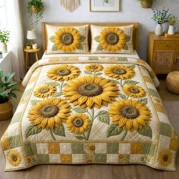Sweet Sunflower quilted 3-piece bedding set on a made bed with two matching pillow shams