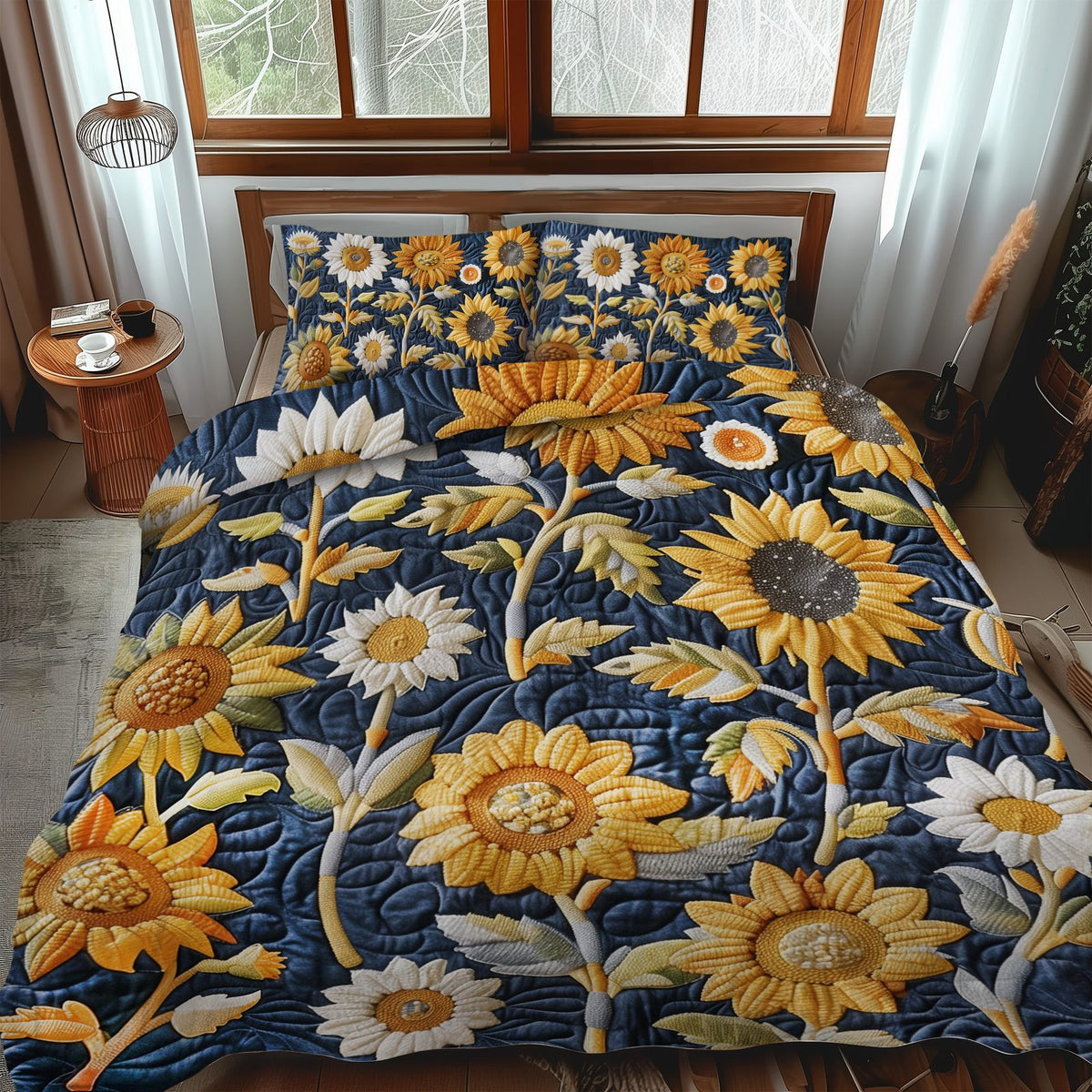 Sweet Sunflowers quilted 3-piece bedding set on a made bed with two matching pillow shams