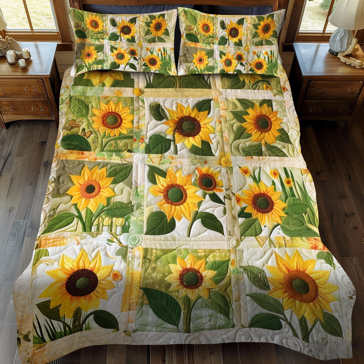 Sweet Sunflowers quilted 3-piece bedding set on a made bed with two matching pillow shams