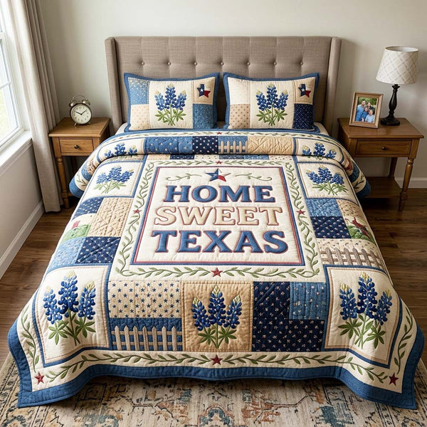 Sweet Texas quilted 3-piece bedding set on a made bed in a rustic timber bedroom