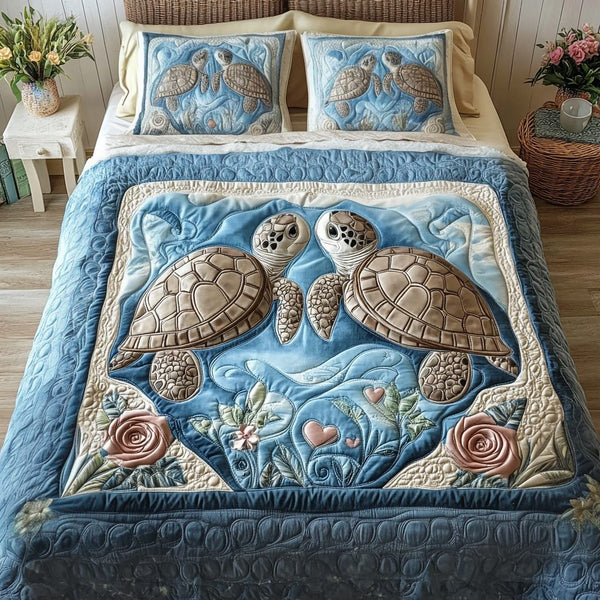 Sweet Turtles quilted 3-piece bedding set on a made bed in a light coastal bedroom