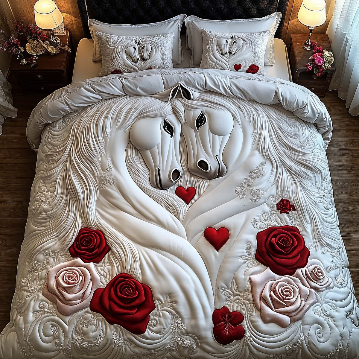 Sweet Union quilted 3-piece bedding set on a made bed in a warmly lit bedroom