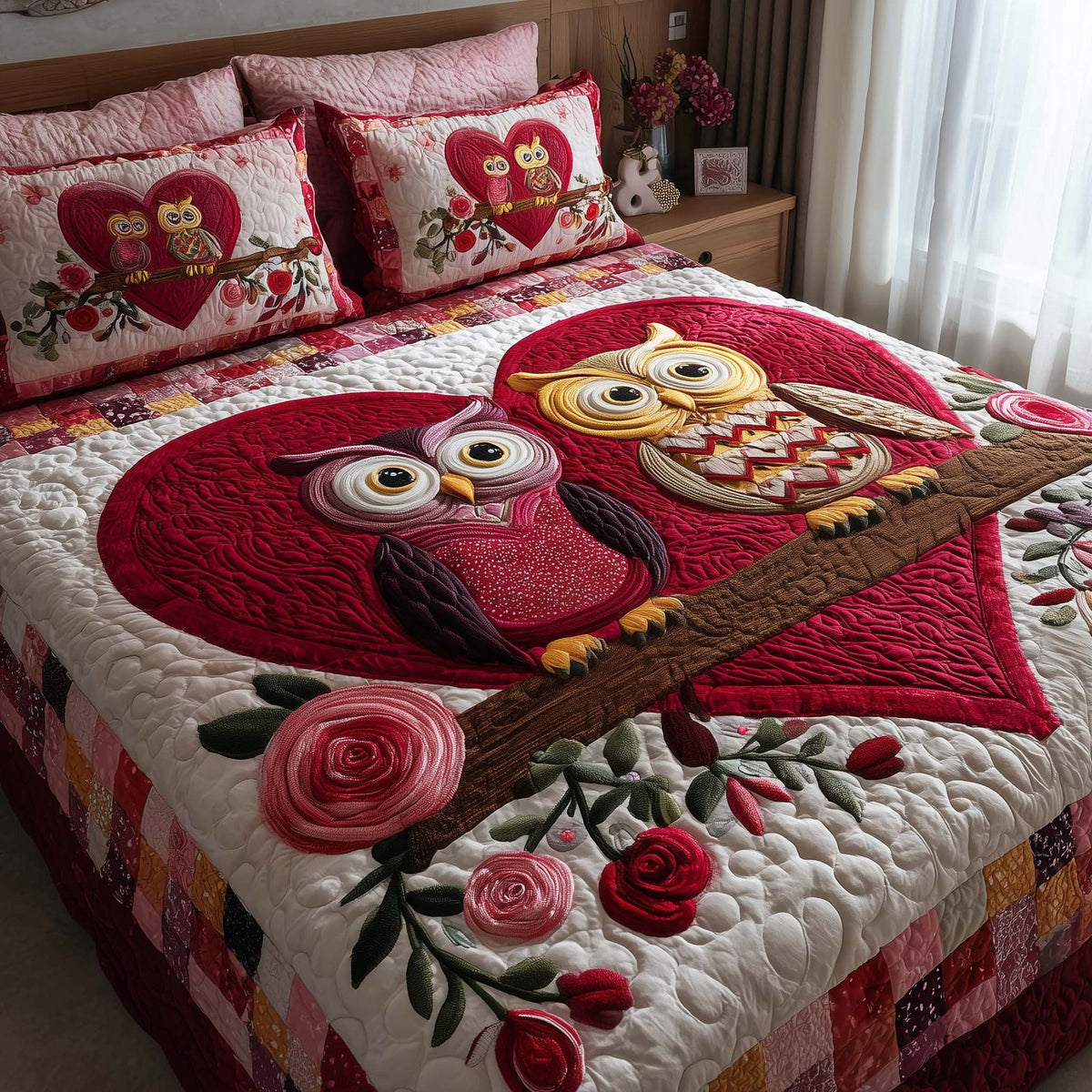 Sweet Union quilted 3-piece bedding set on a made bed in a warmly lit bedroom