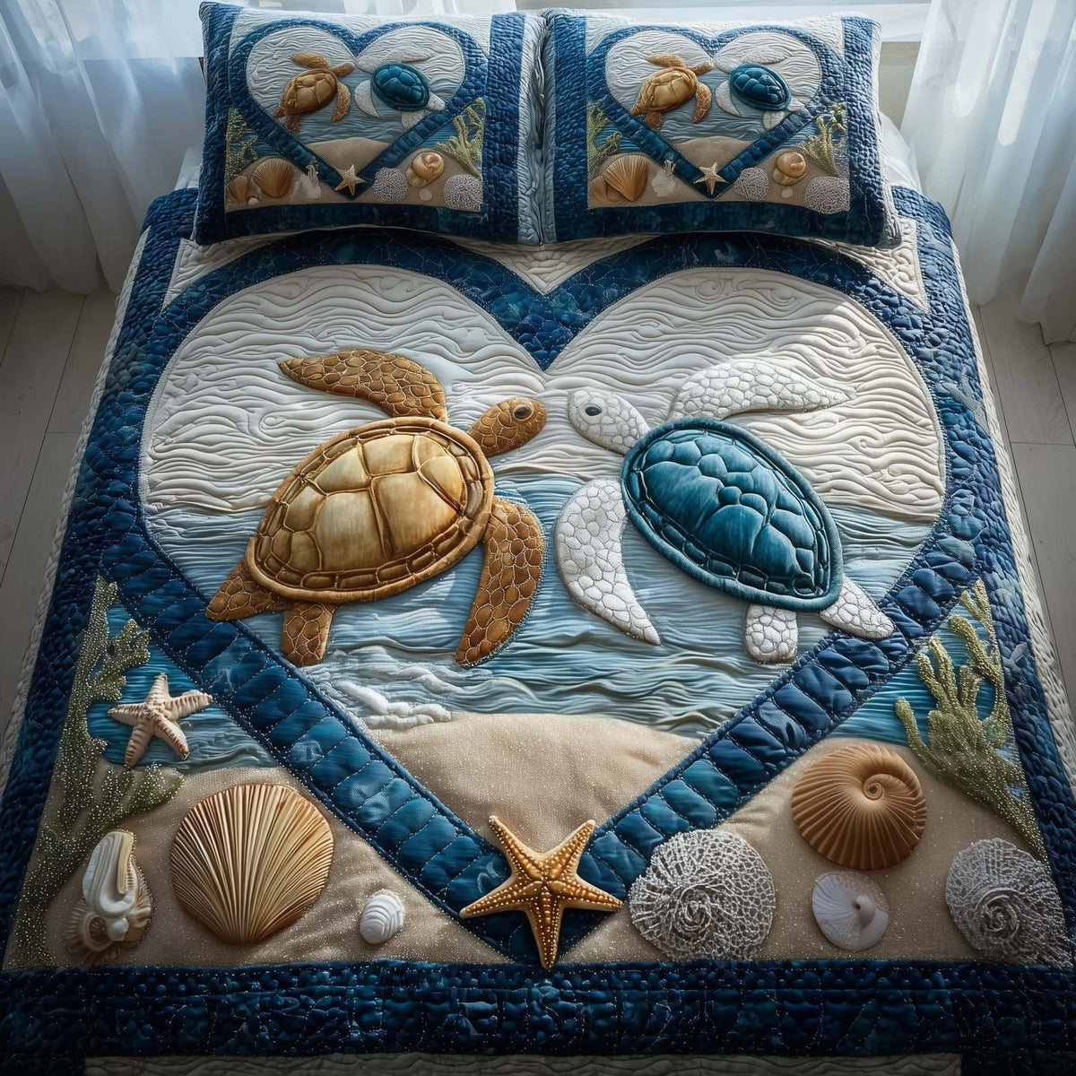Sweet Union quilted 3-piece bedding set on a made bed in a warmly lit bedroom