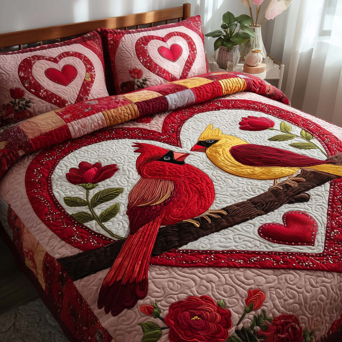 Sweet Union quilted 3-piece bedding set on a made bed in a warmly lit bedroom