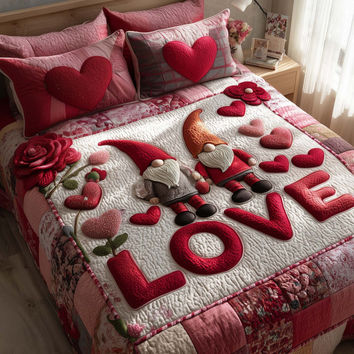 Sweet Union quilted 3-piece bedding set on a made bed in a warmly lit bedroom