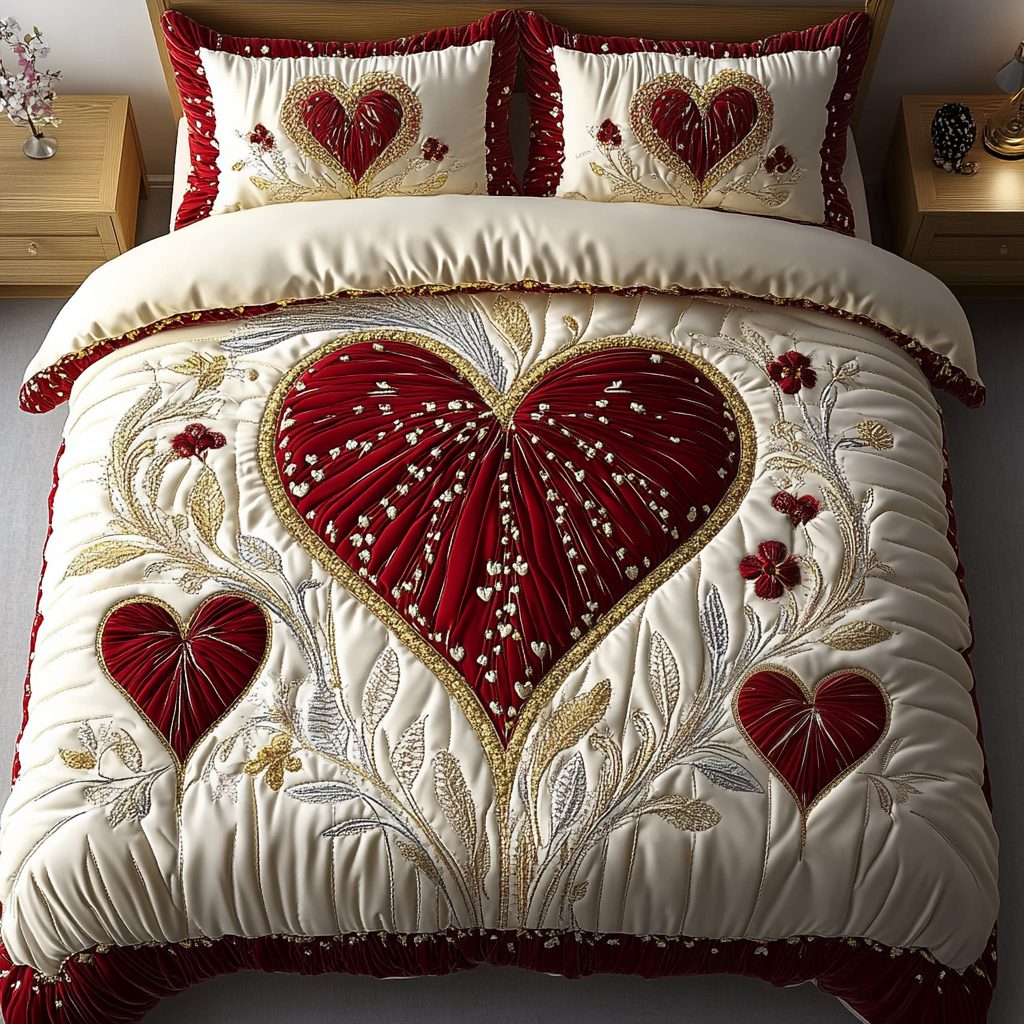 Sweetheart Comfort quilted 3-piece bedding set on a made bed with two matching pillow shams