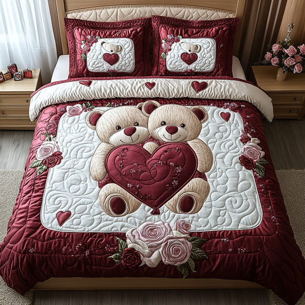 Sweetheart Hug quilted 3-piece bedding set on a made bed with two matching pillow shams
