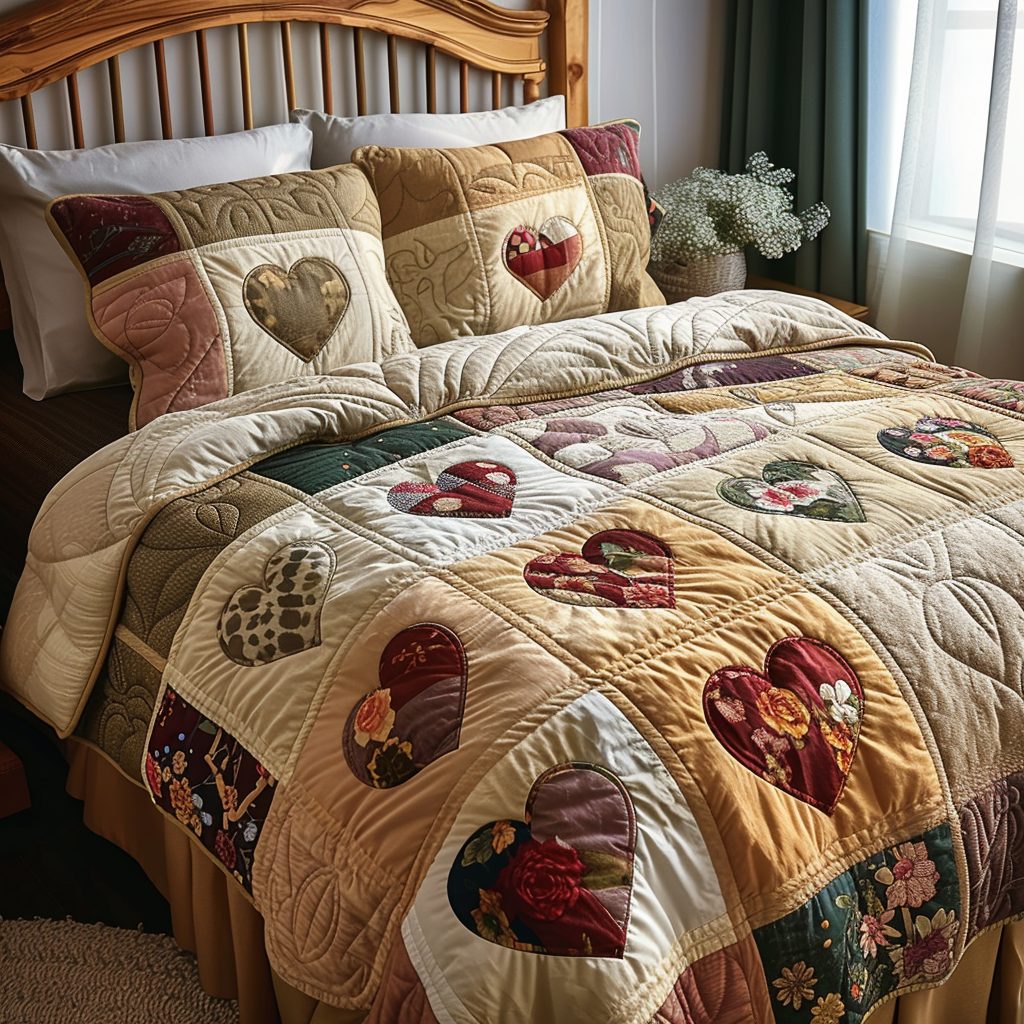 Sweetheart Stitch quilted 3-piece bedding set on a made bed with two matching pillow shams