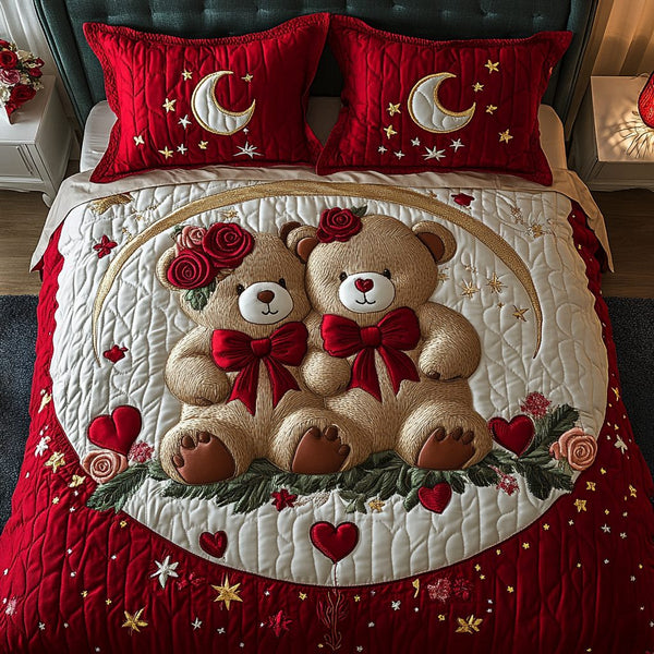 Sweetheart Teddy quilted 3-piece bedding set on a made bed with two matching pillow shams
