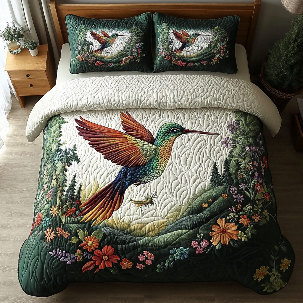 Swift Breeze quilted 3-piece bedding set on a made bed with two matching pillow shams