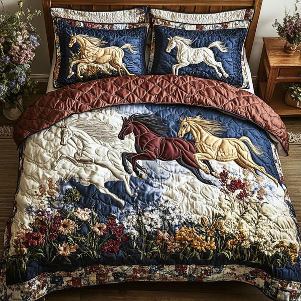 Swift Horse quilted 3-piece bedding set on a made bed in a rustic timber bedroom