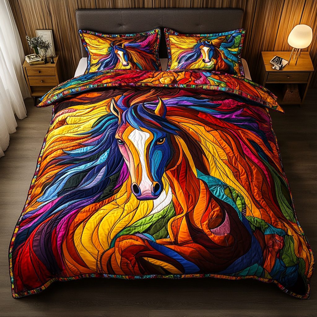 Swift Stallion quilted 3-piece bedding set on a made bed in a rustic timber bedroom
