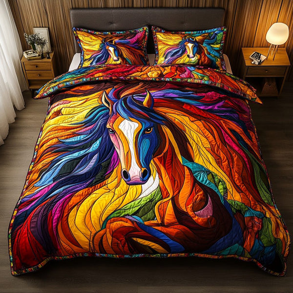 Swift Stallion quilted 3-piece bedding set on a made bed in a rustic timber bedroom