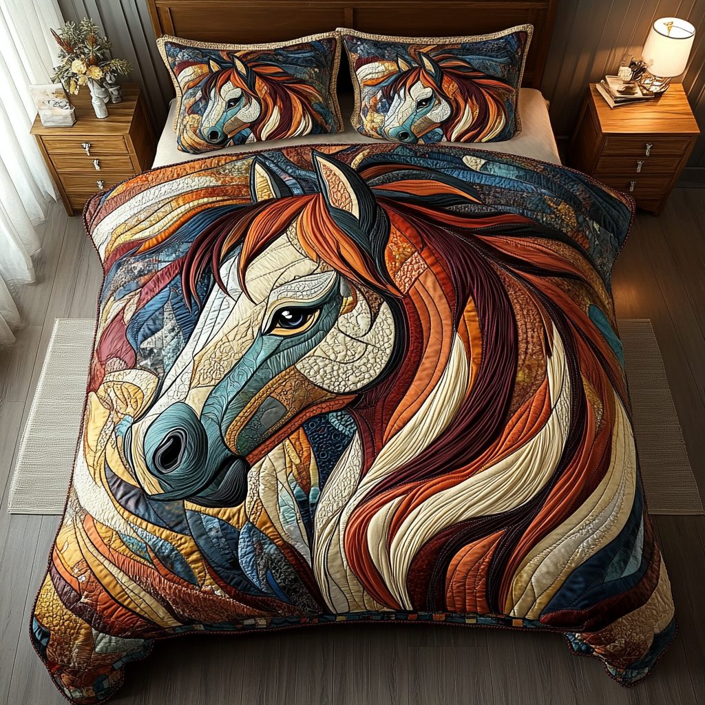 Swift Stallion quilted 3-piece bedding set on a made bed in a rustic timber bedroom