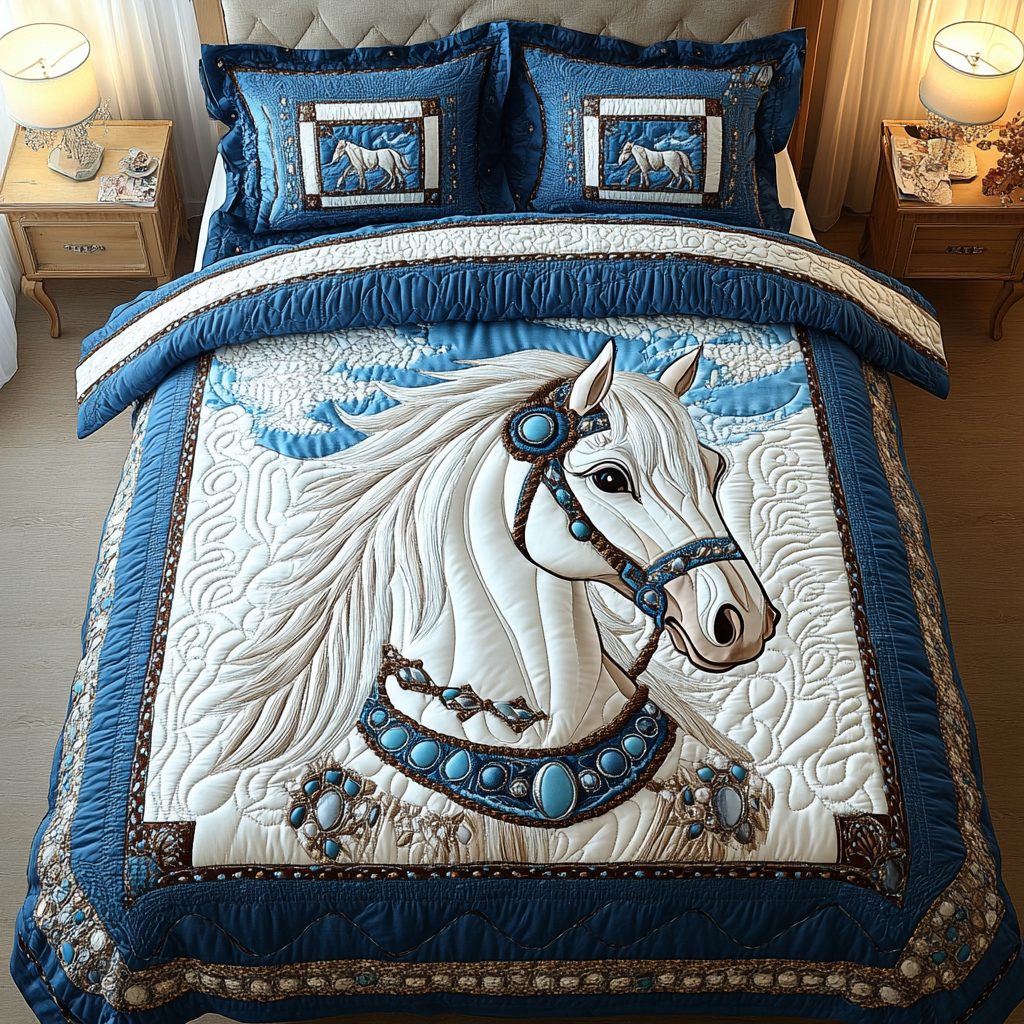 Swift Stallion quilted 3-piece bedding set on a made bed in a rustic timber bedroom
