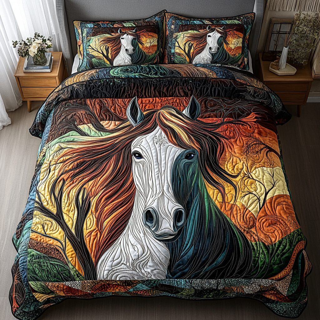 Swift Stallion quilted 3-piece bedding set on a made bed in a rustic timber bedroom