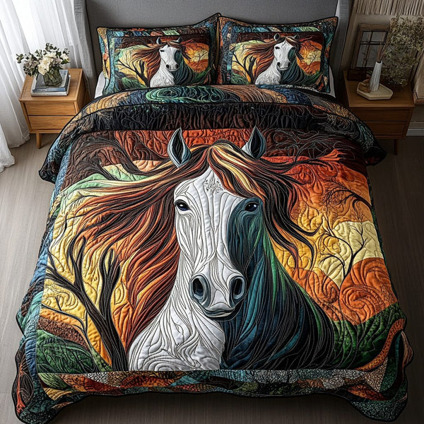 Swift Stallion quilted 3-piece bedding set on a made bed in a rustic timber bedroom