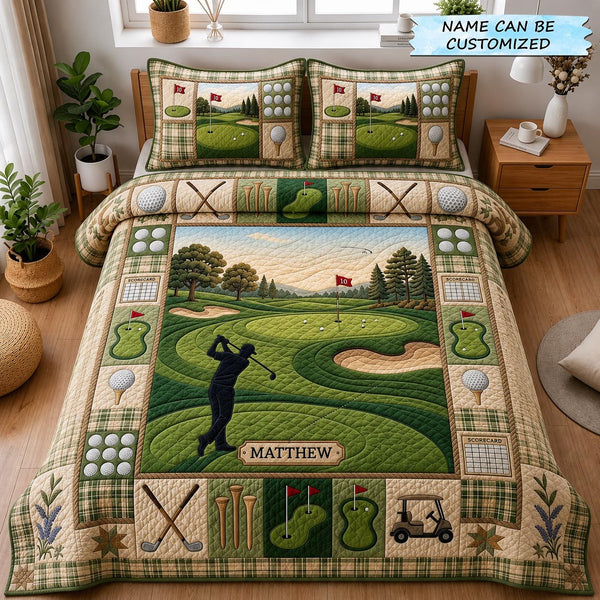 Swing Life 3-Piece Quilted Bedding Set - Design 1 quilted 3-piece bedding set on a made bed with two matching pillow shams