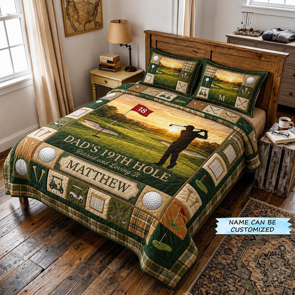 Swing Life 3-Piece Quilted Bedding Set - Design 2 quilted 3-piece bedding set on a made bed with two matching pillow shams