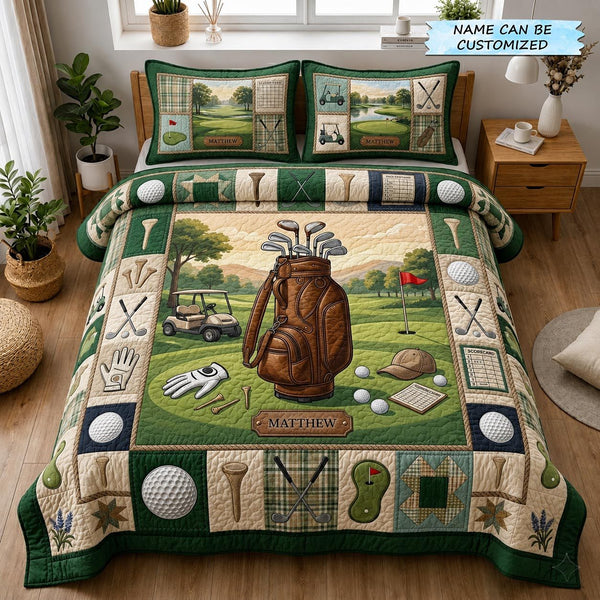 Swing Life 3-Piece Quilted Bedding Set - Design 3 quilted 3-piece bedding set on a made bed with two matching pillow shams