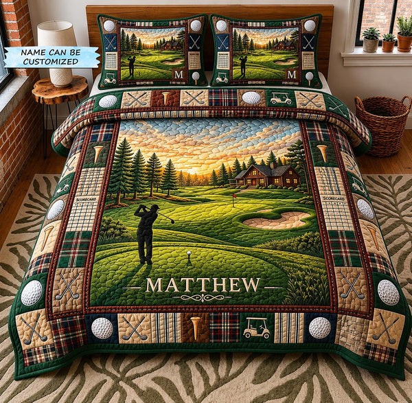 Swing Life 3-Piece Quilted Bedding Set - Design 4 quilted 3-piece bedding set on a made bed with two matching pillow shams