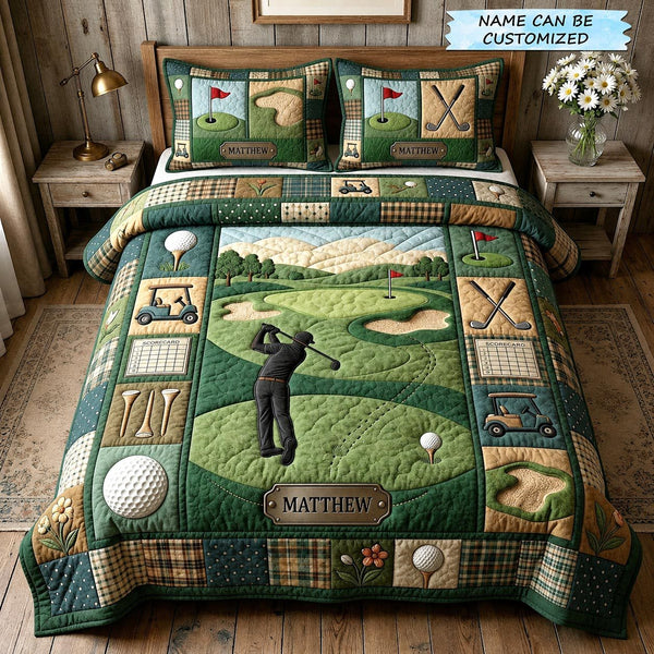 Swing Life 3-Piece Quilted Bedding Set QTCUZ - Design 5 quilted 3-piece bedding set on a made bed with two matching pillow shams