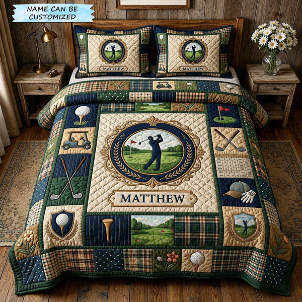 Swing Life 3-Piece Quilted Bedding Set - Design 6 quilted 3-piece bedding set on a made bed with two matching pillow shams