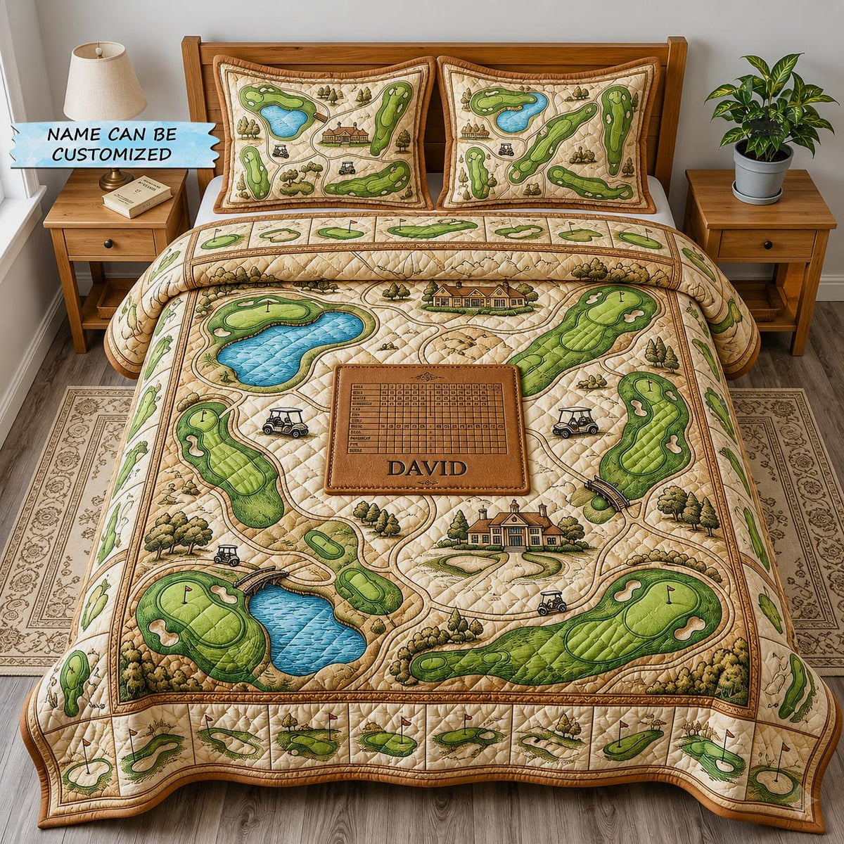 Swing Life 3-Piece Quilted Bedding Set QTCUZ - Design 7 quilted 3-piece bedding set on a made bed with two matching pillow shams