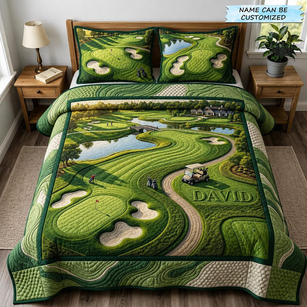 Swing Life 3-Piece Quilted Bedding Set - Design 8 quilted 3-piece bedding set on a made bed with two matching pillow shams