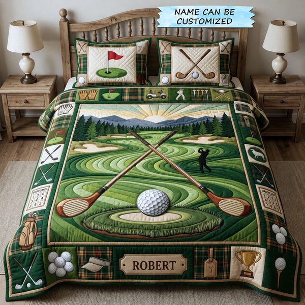 Swing Life 3-Piece Quilted Bedding Set QTCUZ - Design 13 quilted 3-piece bedding set on a made bed with two matching pillow shams