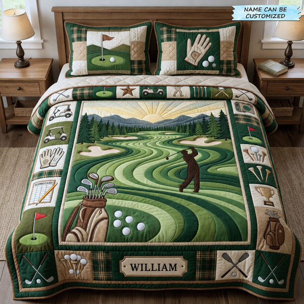 Swing Life 3-Piece Quilted Bedding Set QTCUZ - Design 14 quilted 3-piece bedding set on a made bed with two matching pillow shams