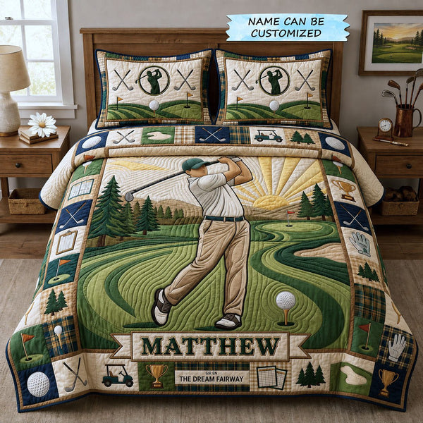 Swing Life 3-Piece Quilted Bedding Set QTCUZ - Design 15 quilted 3-piece bedding set on a made bed with two matching pillow shams